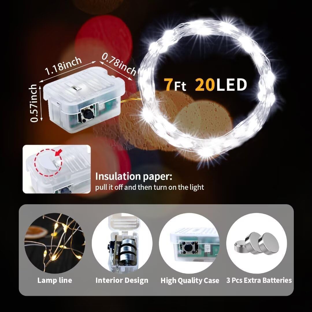 pozzolanas Paquete de 50 luces blancas de hadas que funcionan con pilas, 3 modos de 7 pies, 20 luces LED impermeables, alambre plateado centelleante para tarros de masón, boda, Navidad, Halloween