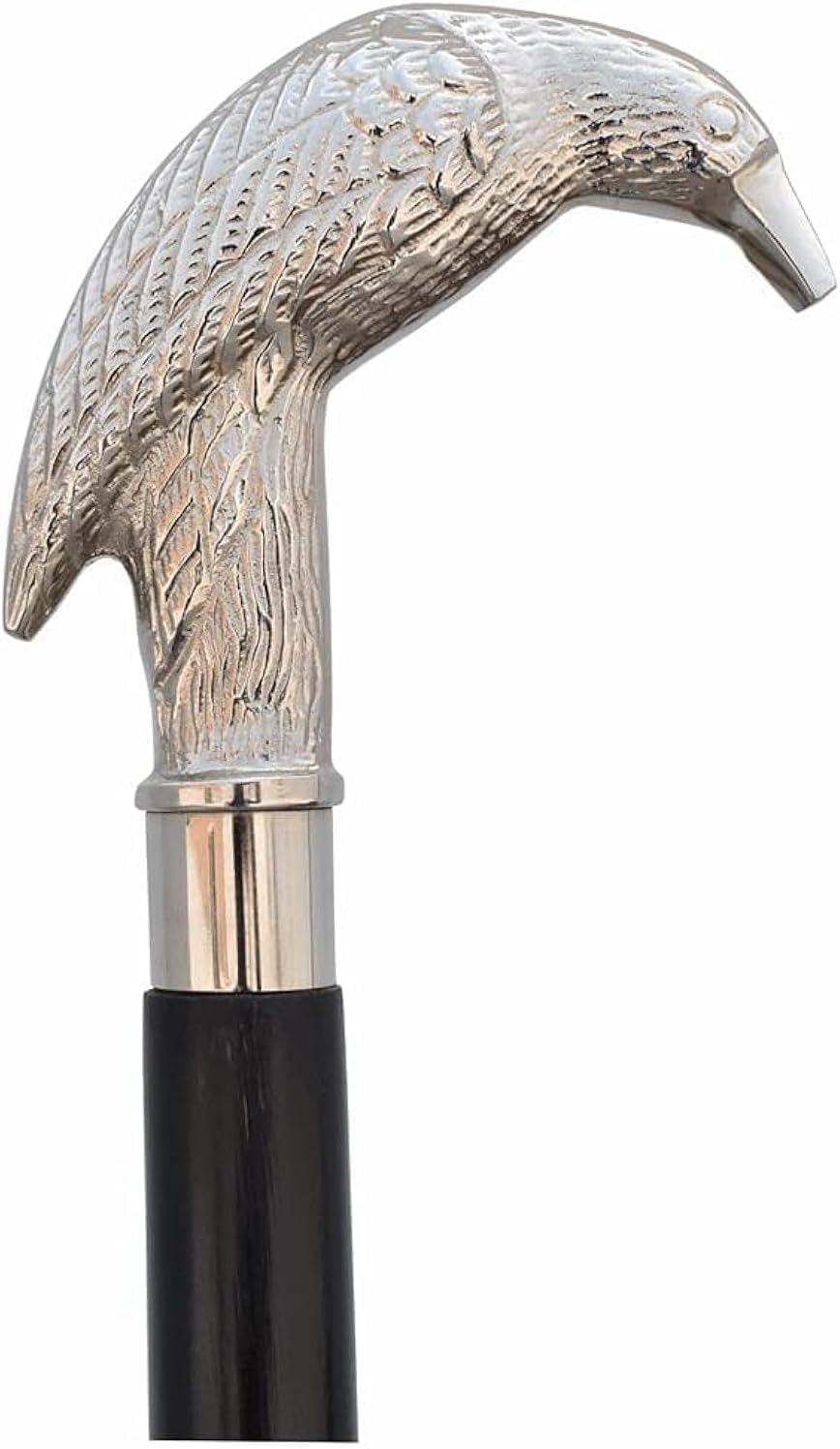 Walking Cane for Men and Women with Brass Knob Bird Handle, Mystic Raven Gothic Walking Stick, Black Wooden Hardwood Cane