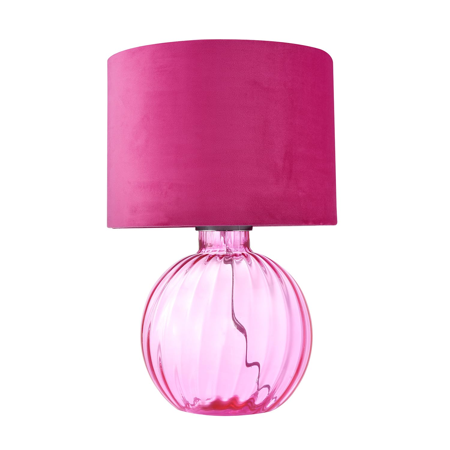 Happy Homewares Contemporary Designer Light Pink Ribbed Glass Round Table Lamp with Matching Velvet Fabric Drum Shade | 1 x E27 60w Maximum | 42cm Height