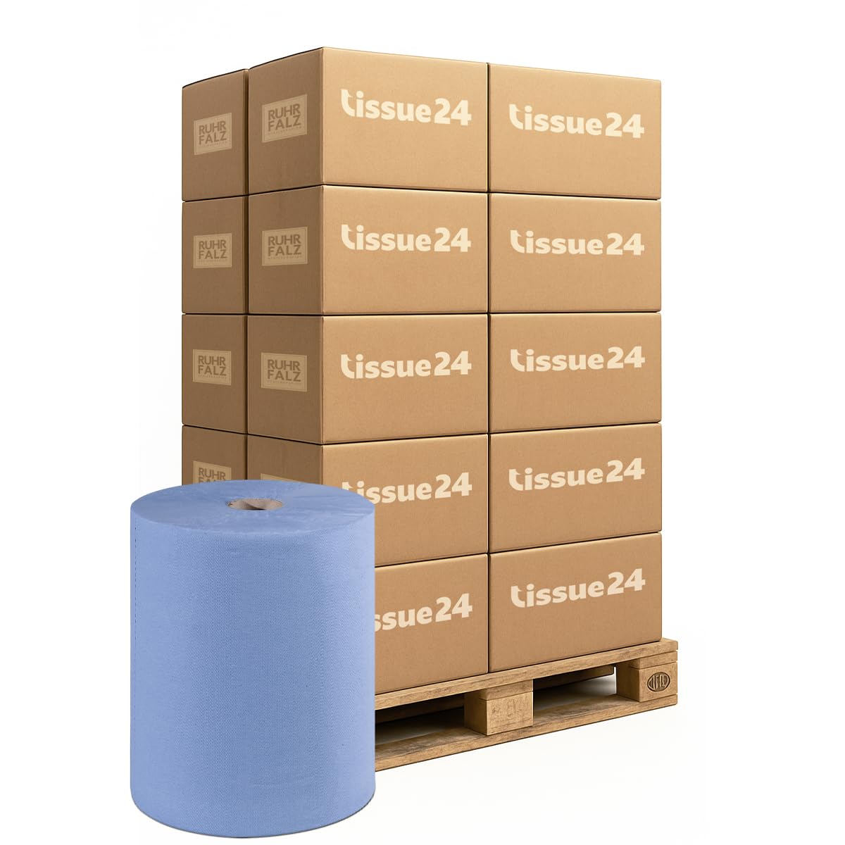 1 Palette Putztuchrollen, blau, 2-lagig, 500 Blatt, 22x35cm, 2 Rollen/VE, 63 VE/Palette, Papierrolle, perforierte Papiertücher, Putztuchrolle für Industrie, Werkstatt und Restaurant
