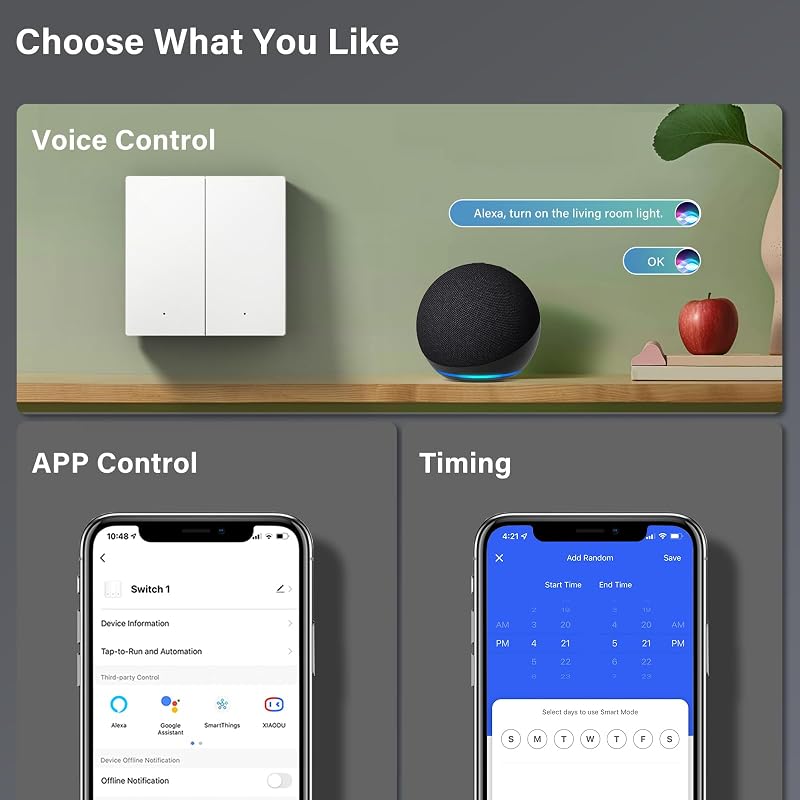 MVAVA WiFi Okos Fali Kapcsoló - Alexa, Google Home és Tuya Kompatibilis, Kétgombos Egypólusú Süllyesztett Kivitel, Fehér, 86mm, 250V