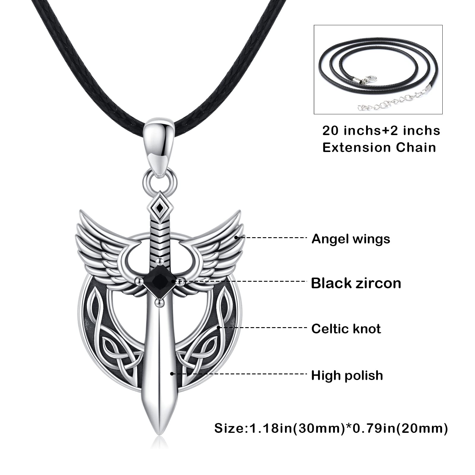 Collar de espada para hombre de plata de ley 925, colgante de espada de ángel, cadena retro gótica, regalo para hombres, amigos, cadena de cuerda de cuero negro