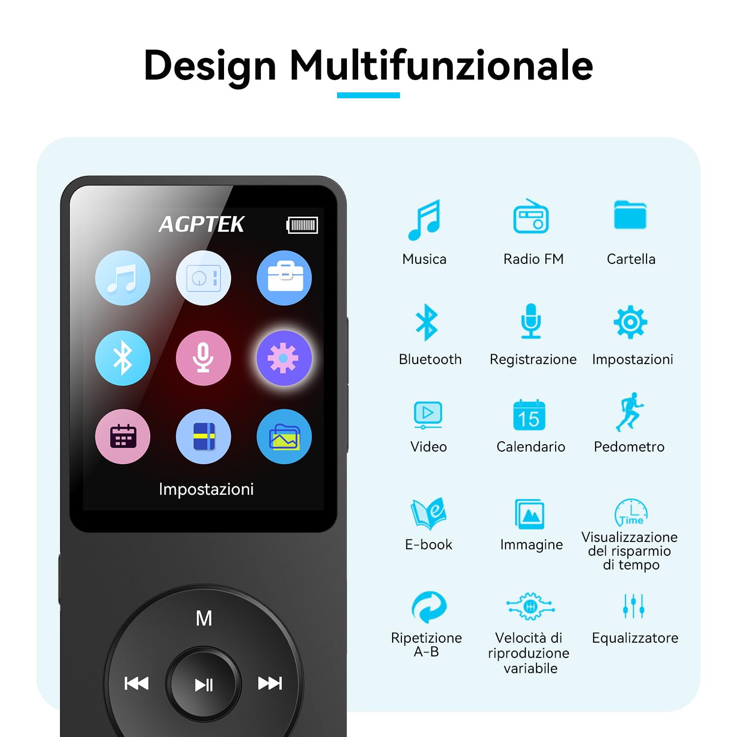 AGPTEK 64GB Lettore MP3 Bluetooth 5.3, MP3 Lettore con Altoparlanti Sportivo, Musicale HiFi Lossless Portatile, Radio FM/Registrazione, (Cuffie Non Incluse), Nero