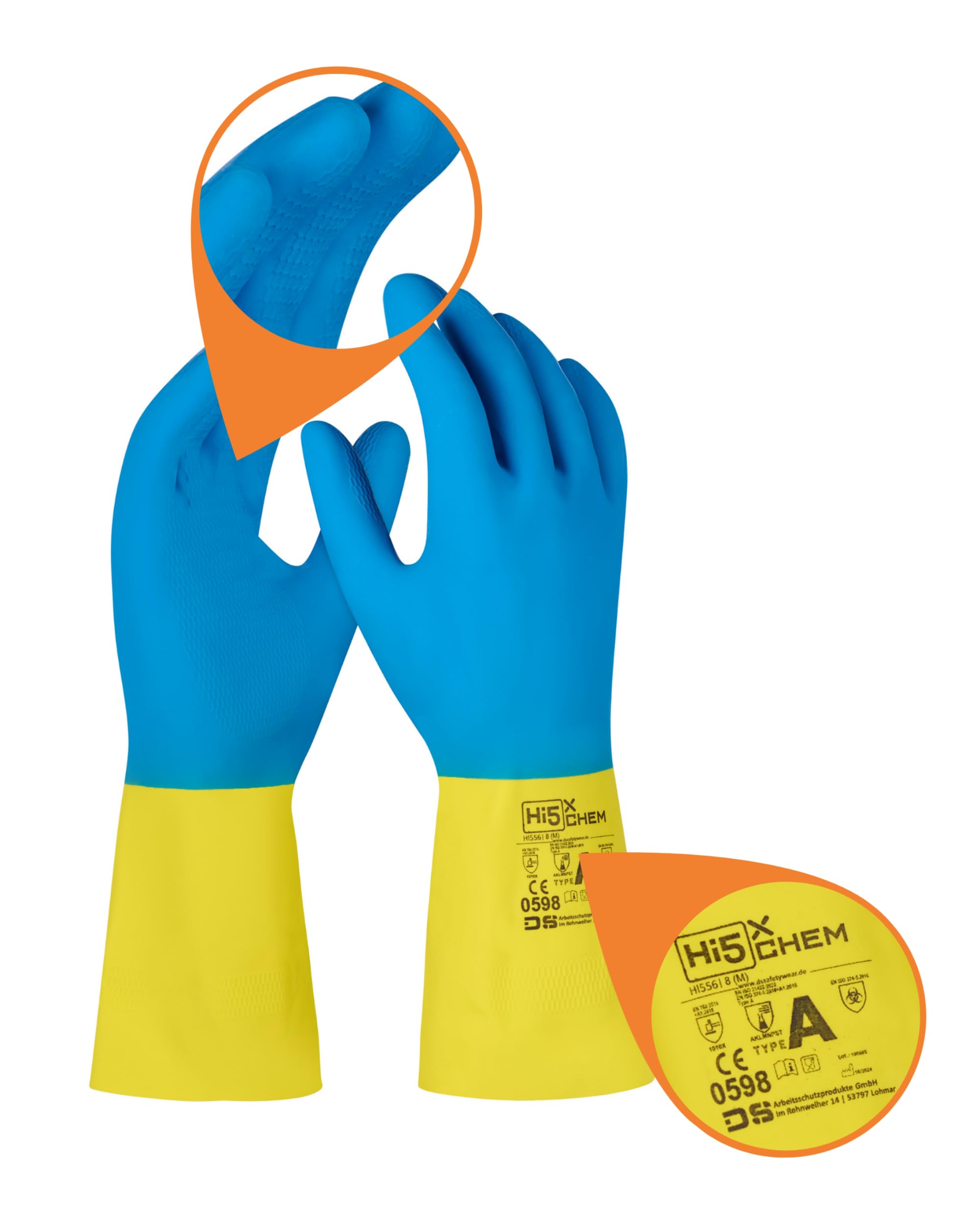 Hi5 Chem - Chemikalienschutzhandschuhe aus Naturkautschuk- Größen M, L, XL, XXL, (8, 9, 10, 11) - rutschfeste, flüssigkeitsdichte Arbeitshandschuhe mit Flockfutter - für Industrie (XL, 144.0, stück)
