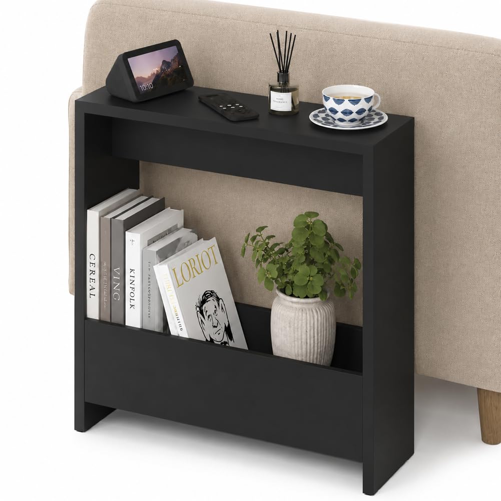 HOCUS PICUS Beistelltisch mit integriertem Magazinhalter| kompakter Beistelltisch für Wohnzimmer und Büro| platzsparender End Table für kleine Räume| Magazinaufbewahrung| 20 x 55 x 60 cm (Schwarz)