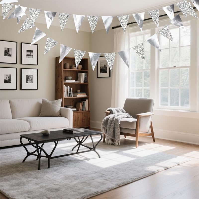 Image of Silver Hanging Triangle Flag Pennant Garland Silver Hanging Paper Pennant Streamer Paper Triangle Flag Bunting Banner for Graduation Wedding Engagement Birthday Party Decorations 30 Feet