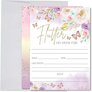 Butterfly Birthday Invitations for Girl, Purple Floral Butterfly Baby Shower Invitations, It's A Girl Blush Pink, 20 Invites + Envelopes