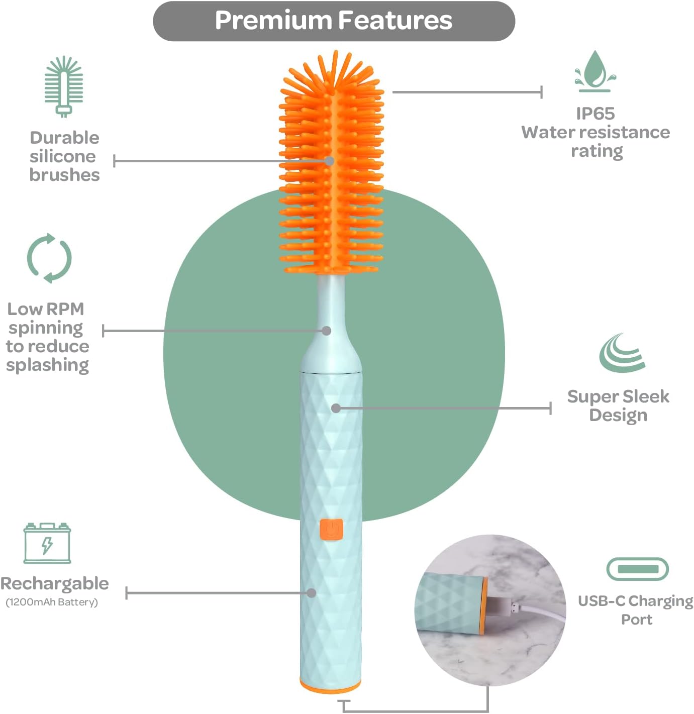 Büki Electric Baby Bottle Cleaning Brush Set - Rechargeable Electric Bottle Brush with Straw Cleaner - Water Bottle Cleaning Kit, Nipple Brush, 1200mAh Brush Cleaner (by Kindersense) - Image 2