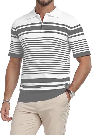 KUYIGO Mens Knit Collared Polo Shirts Short Sleeve Zipper Striped Tops Classic Fit Casual Soft T-Shirt