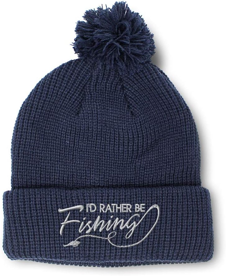 Custom Pom Pom Beanies for Women I'd Rather Be Fishing White Embroidery Skull Cap Fishing Acrylic 1 Size