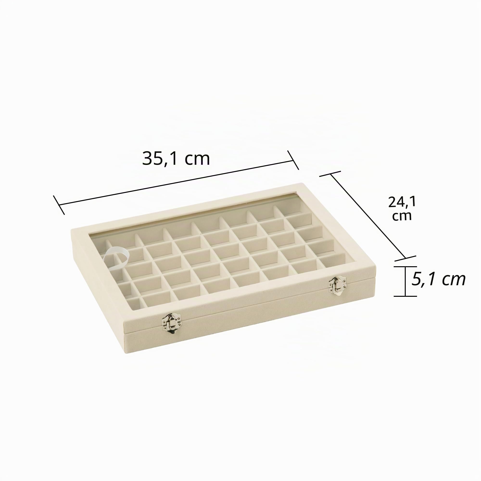 Frebeauty Coffret à bijoux 48 compartiments avec couvercle en verre, velour | Organisateur de boucles d'oreilles réglable, couvercle en verre, intérieur en velours de qualité supérieure