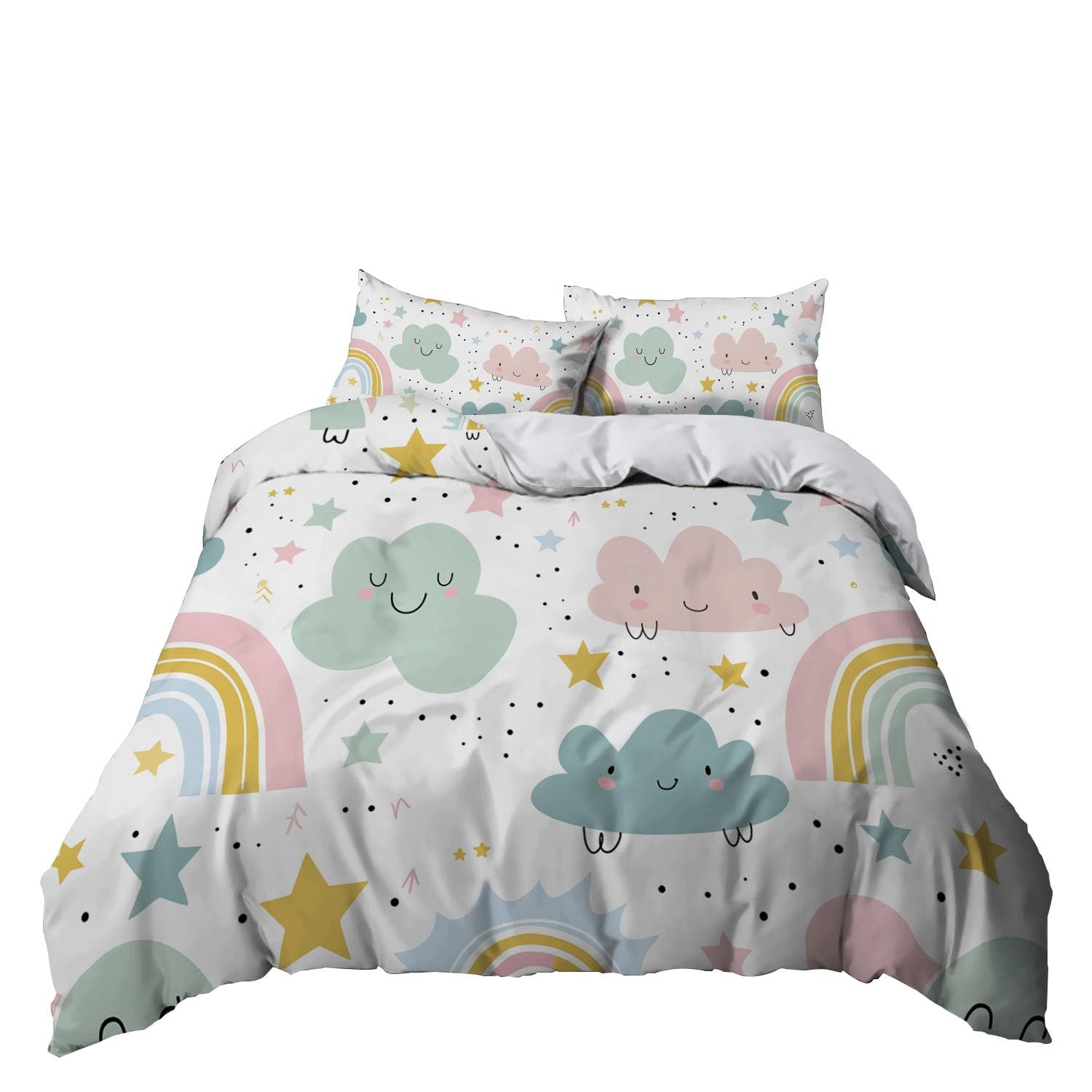 Nubes Estrellas Juego de Ropa de Cama 150x220 cm Arcoiris de Dibujos Animados Juego de Funda Nórdica de Microfibra para Cama 105, 1 Funda de Edredón Y 2 Fundas de Almohada, para Niña Niño Dormitorio