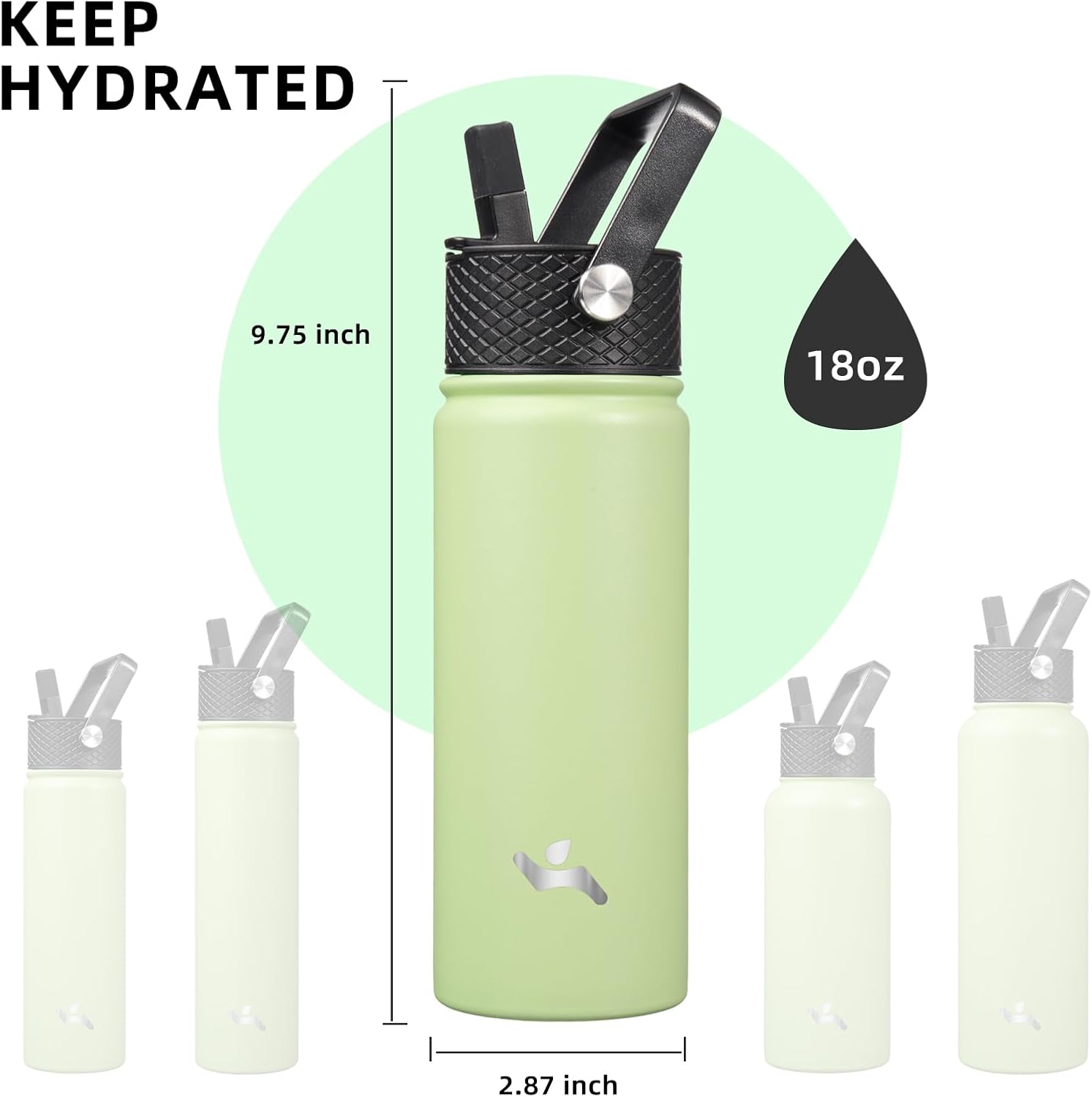 18 oz Insulated Water Bottle Stainless Steel Sport Bottles with 3 Lids,Macaron Green - Image 5