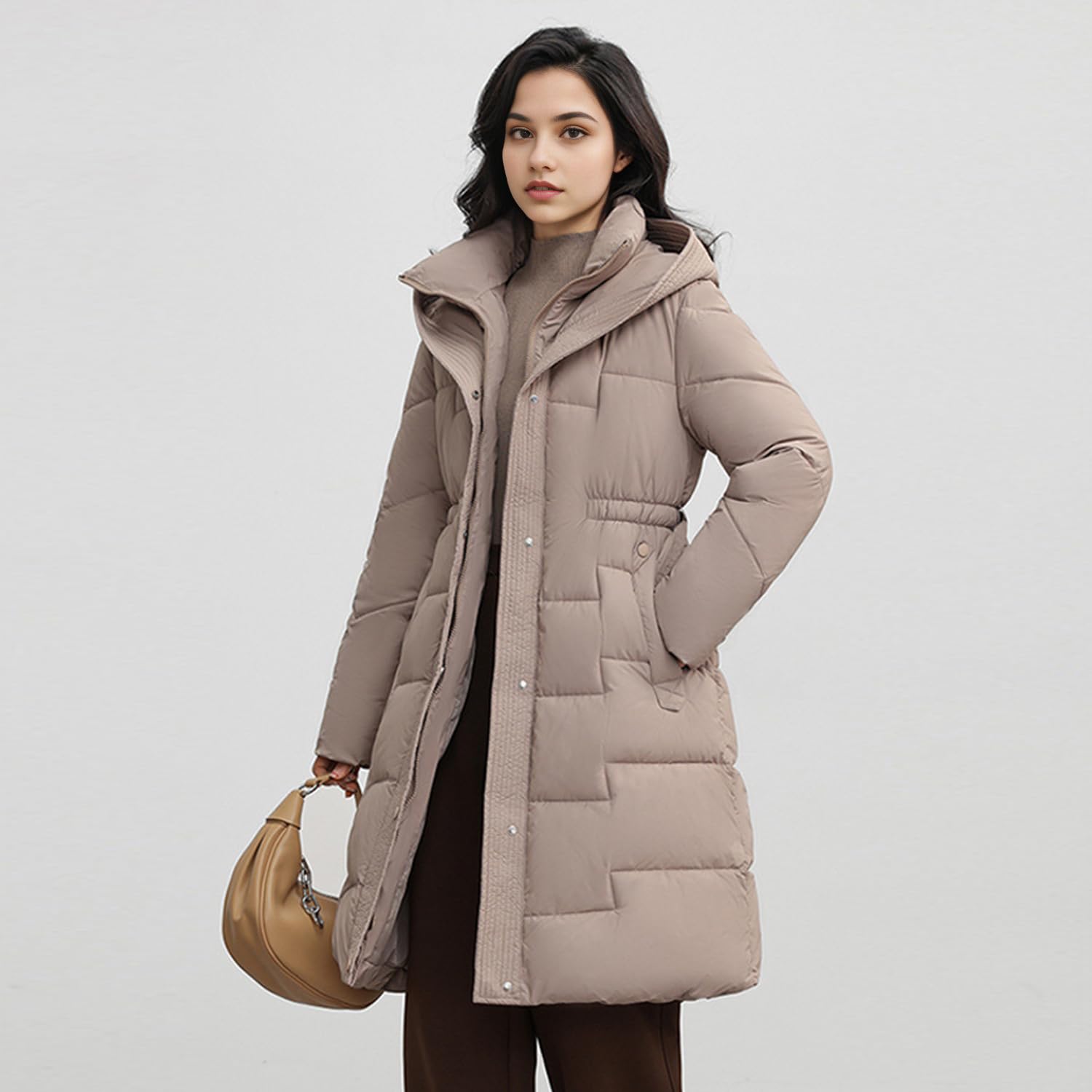 Verdickte lange Daunenjacke für Damen, mit Kapuze, Winter-Puffer, Oberbekleidung, Parka, Mantel, Stehkragen, knielang, Schneeanzug mit Gürtel