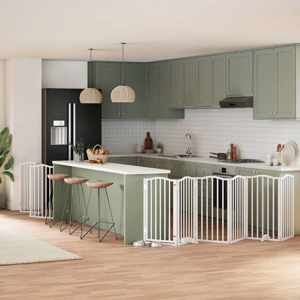 9-TLG. Puerta para perros de madera de álamo blanca de 450 cm, plegable con puerta, independiente y portátil, ideal como barrera para perros, cachorros, jardín, interior, exterior, protección y