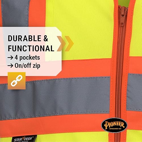 Miniatura 6 de Pioneer Chaleco de seguridad con mangas Hi Vis para hombres y mujeres, clase 3, cinta reflectante, transpirable, bolsillos, amarilloverde