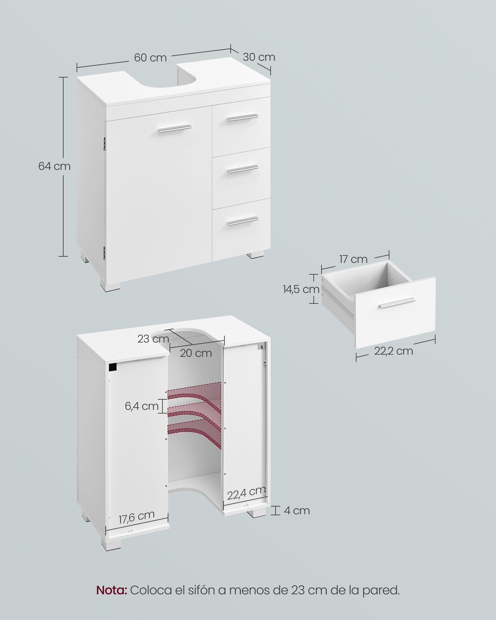 VASAGLE Mueble Bajo Lavabo, Armario de Baño, 3 Cajones, 2 Compartimentos Detrás de la Puerta, con Pies, 30 x 60 x 64 cm, Blanco Nube BBK514WB01