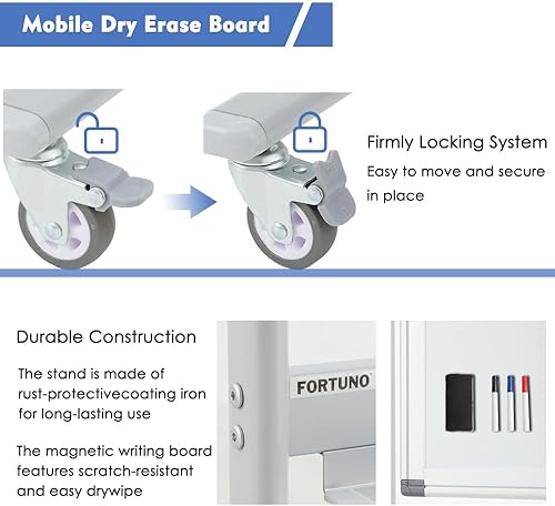 Vista 5 de FORTUNO Pizarra blanca móvil magnética de 48 x 36 pulgadas, pizarra de borrado en seco de doble cara con soporte, caballete reversible ajustable