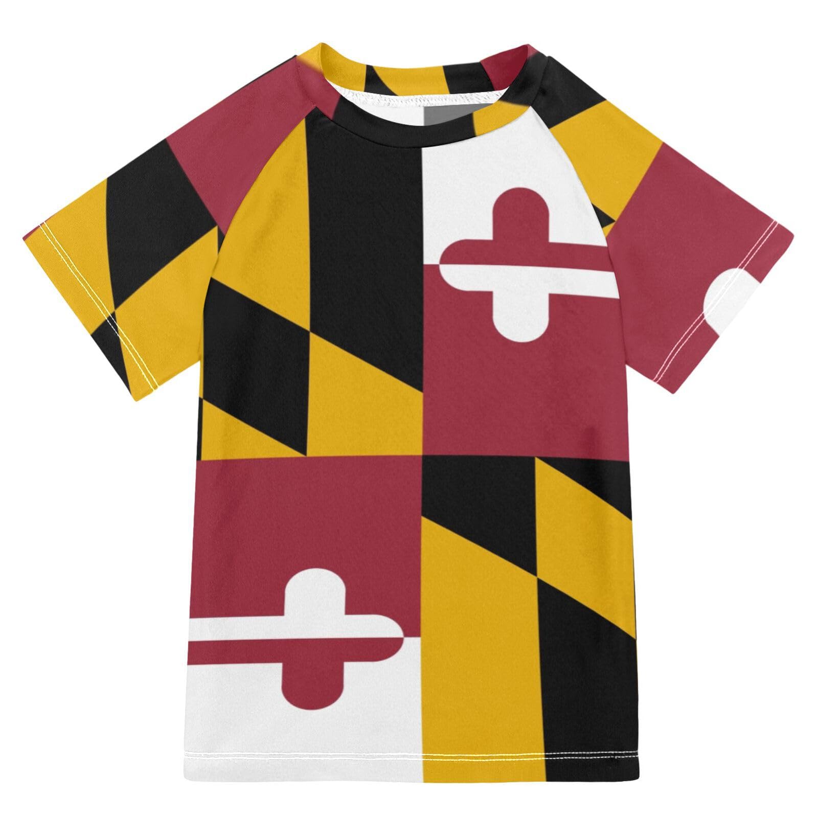 Aflyko Patriot Boys' Swim Shirt Maryland Flag Rash Guard Beachwear Sun Protection Fishing Hiking Camping Surfing Swimming Toddler Infant Summer Daily T-Shirt, 4T