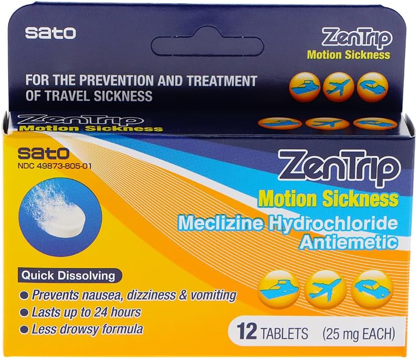 Sato ZenTrip Motion Sickness Tablets, Non-Drowsy Motion Sickness Tablets, Antinausea and Dizziness Tablet, 24-Hour Effectiveness, 12 Count, Made in Japan (Pack of 1)