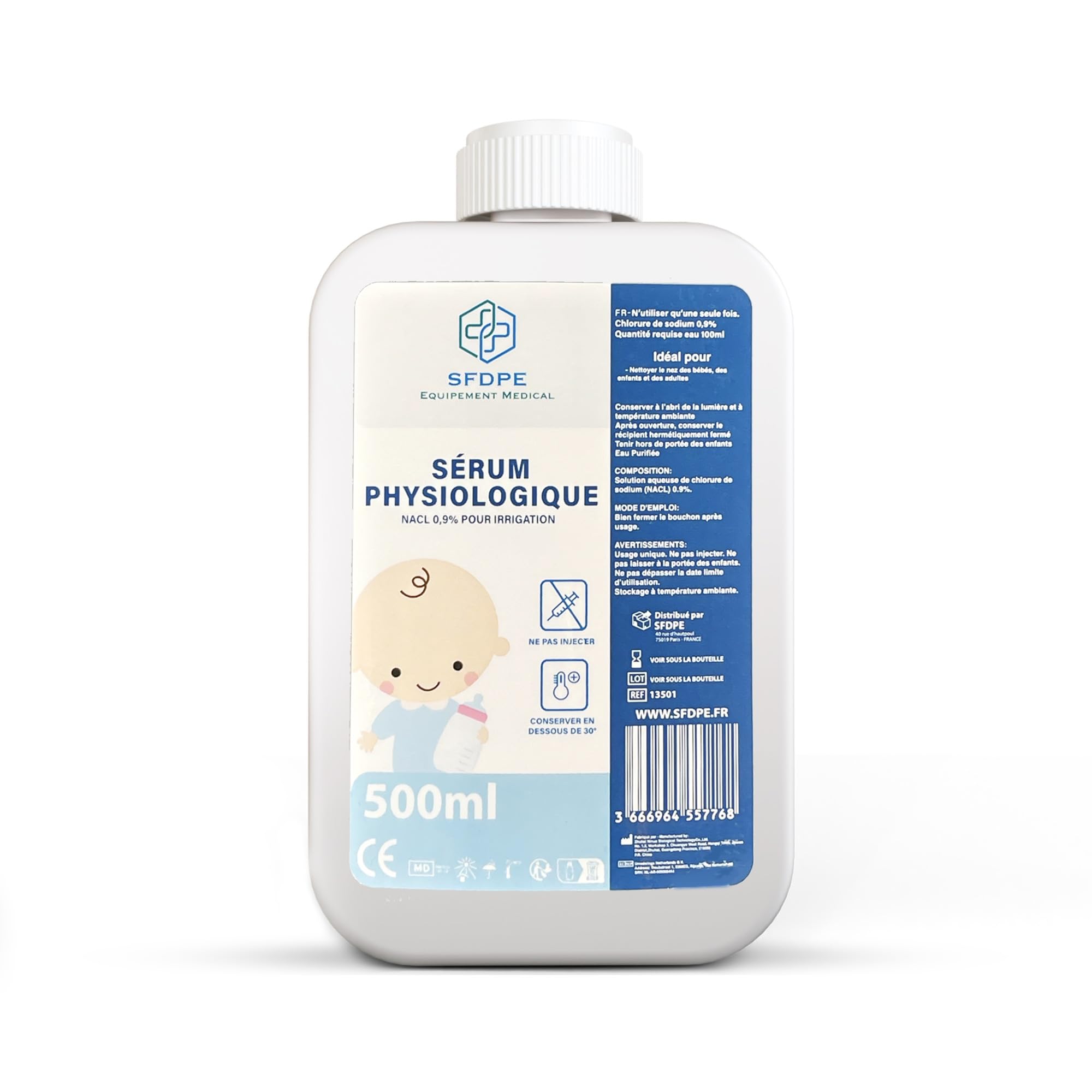 NaCl 0,9% 500ml, soluzione fisiologica isotonica per la pulizia del naso del bambino, soluzione salina per la pulizia delle ferite, soluzione per naso e occhi SFDPE.