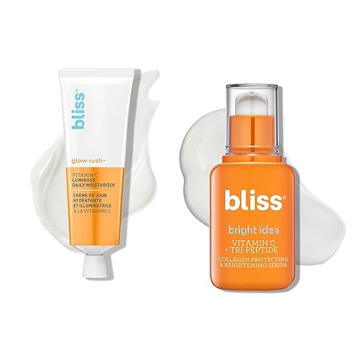 Bliss Bright Idea Vitamina C + Suero iluminador de tres péptidos  1 onza líquida  Crema facial hidratante iluminadora con péptidos y Bliss Glow Rush