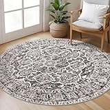 KUTA Vintage Round Rugs 5ft, Tan Grey Washable Circle Rug 5ft, Non-Slip Printed Floral Medallion Carpet for Living Room, Soft Cozy Dining Kitchen Throw for Entryway