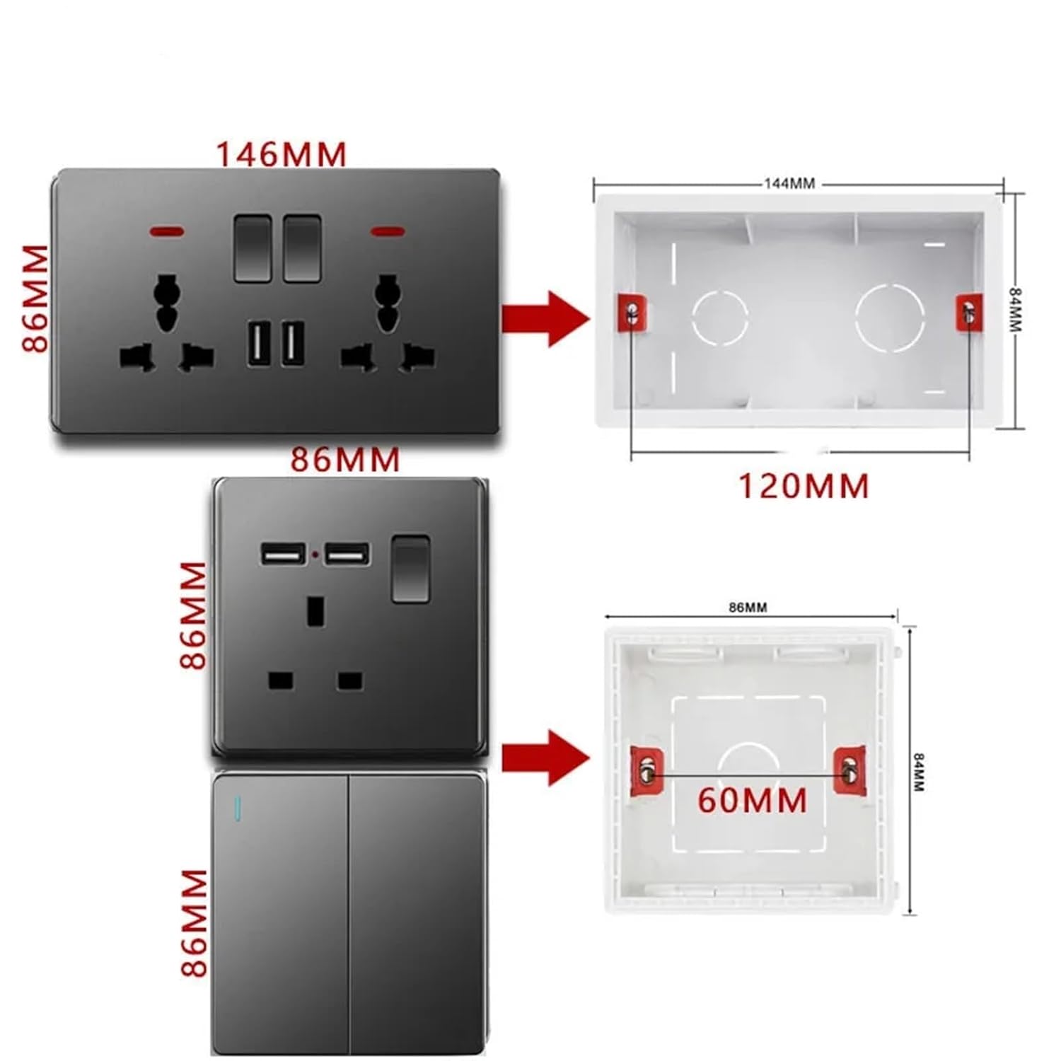 Standard Socket with USB 5V 2.1A, 146 * 86mm Plastic Panel, Dual Electrical Outlets with Switches UK USB Plug