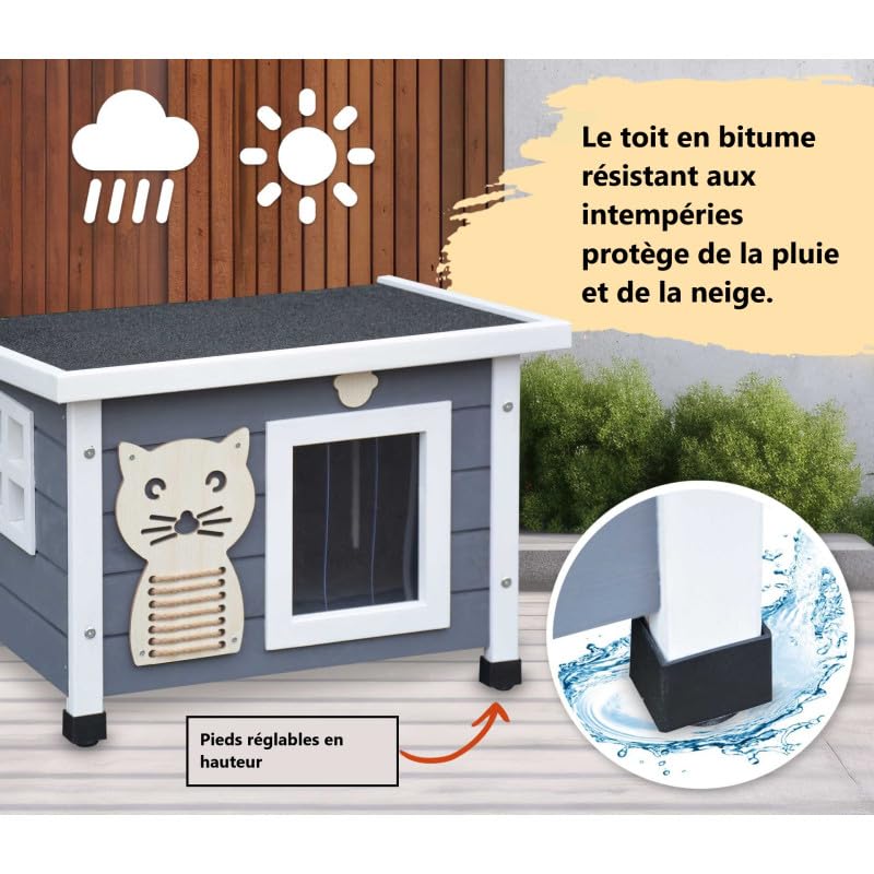 Maison pour Chat Niche avec Toit Pliable pour Exterieur et Interieur 53x45x43cm Filix Gris