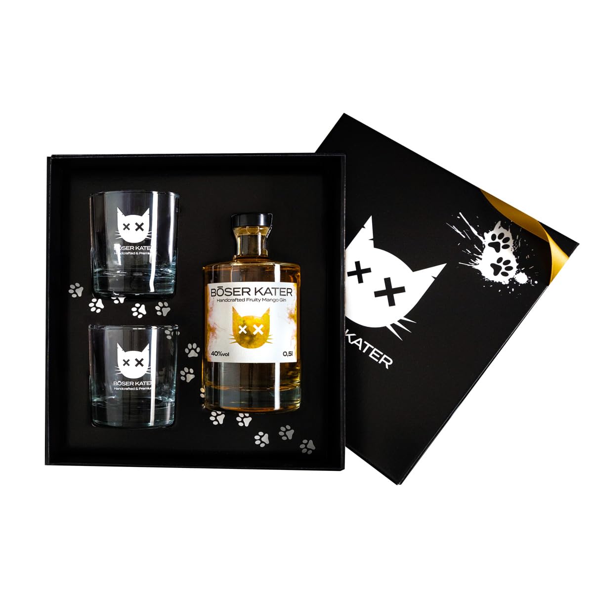 BÖSER KATER Fruity Mango Gin Geschenkset mit 2 Gläsern | das perfekte Gin Geschenk in hochwertiger Box | 0,5l 40% Vol.