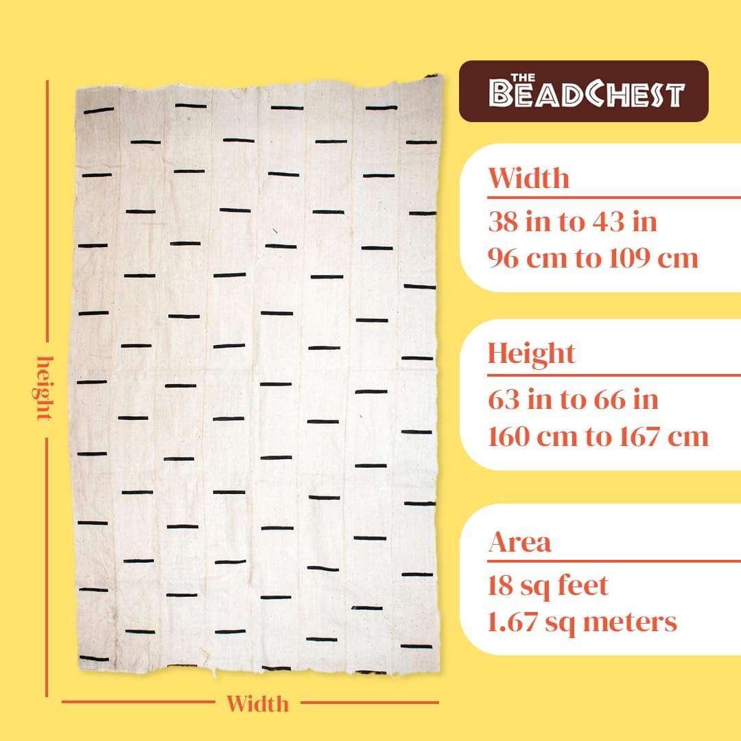The Bead Chest White Bogolan Mali Mud Cloth - Handmade African Textile from West Africa - 40x64 Inches - Ideal for Home Decor, Boho Throw Blanket, Upholstery, or Crafts