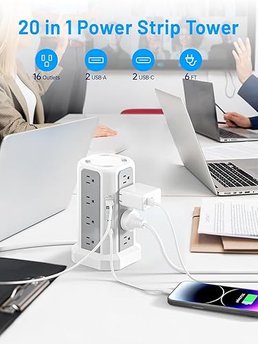 Miniatura 2 de Protección contra sobretensiones con tira de alimentación PD20W USB C, cable de extensión más grueso de 13A con múltiples tomas de 6 pies, tira de