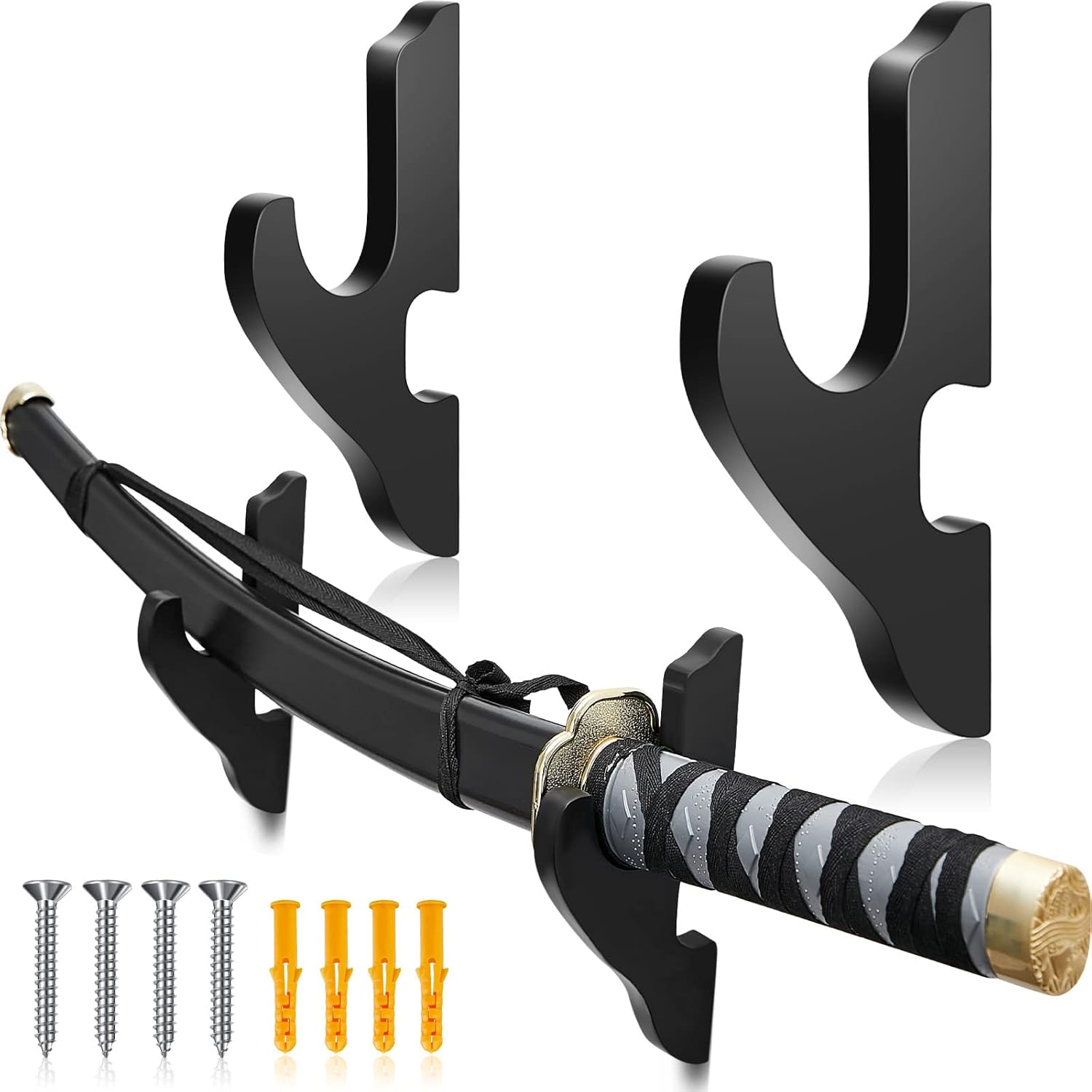 Yookeer 2 Pieces Sword Wall Mount Katana Holder Samurai Sword Display Wood Arts Weapons Stand Wooden Adjustable Cosplay Hook Hanger for Samurai Weapon Saber Tanto Rack