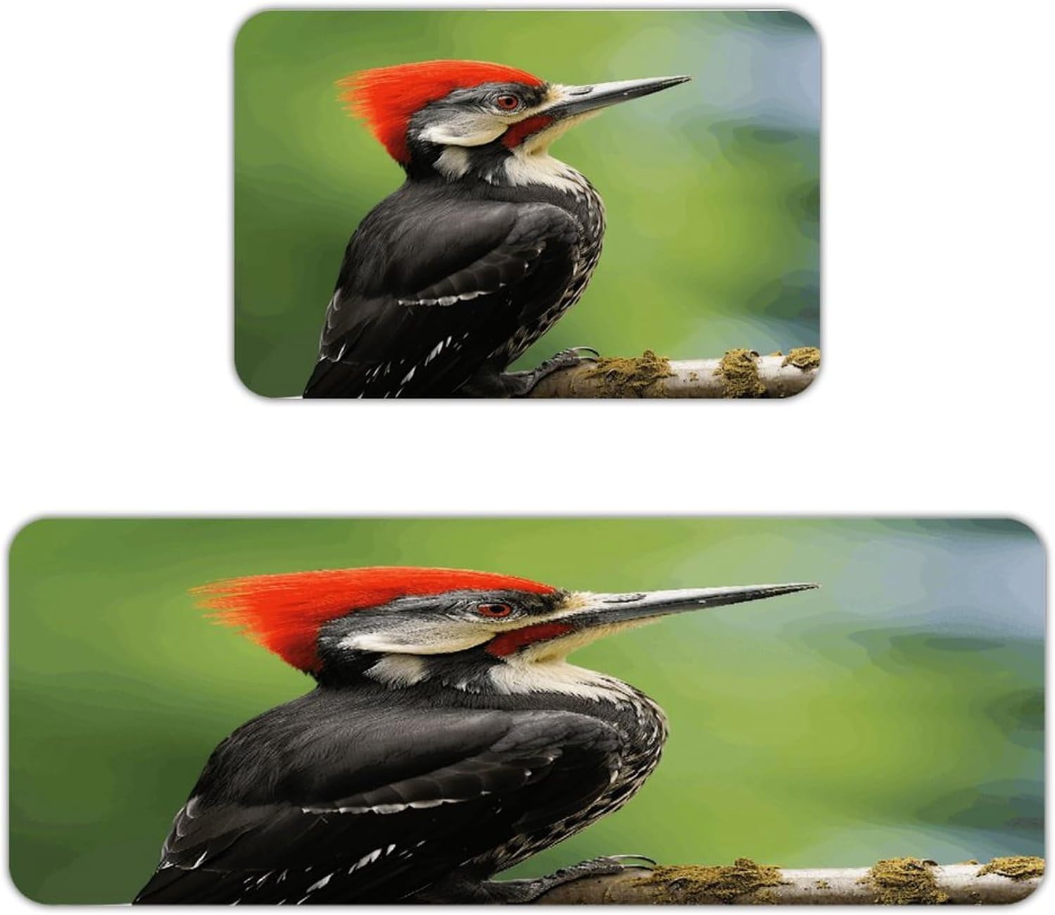 Cute Pileated Woodpecker Kitchen Mat Washable Non Slip Rugs Soft Kitchen Mats for Floor Set of 2 PCS Cushioned Absorbent Runner Standing Rugs for Home Sink Laundry Office