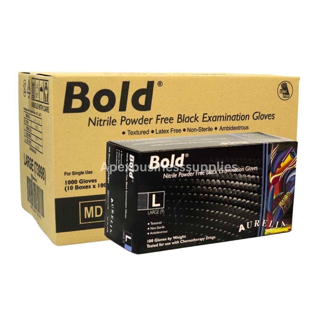 Apex Business Supplies (10x100) Black Bold Nitrile Gloves Large Bulk Gloves Protection for Medical, Industrial - Latex-Free, Powder-Free - Ideal for Cleaning, Tattooing, Automotive More. (1000 Large)