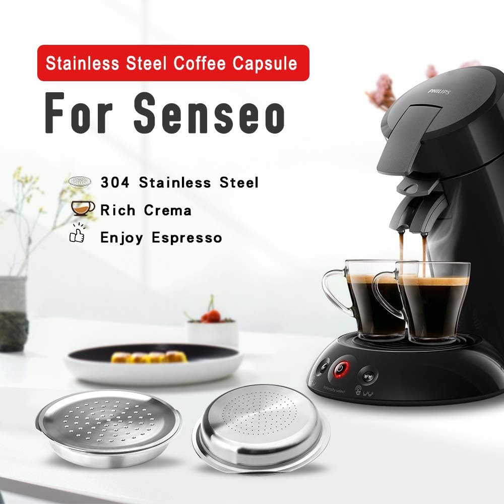 i Cafilas Cápsula de café rellenable de acero inoxidable para rellenar, compatible con Philips Senseo, cápsulas de recambio reutilizables para máquinas Philips Senseo (2 cápsulas de café+tamper)
