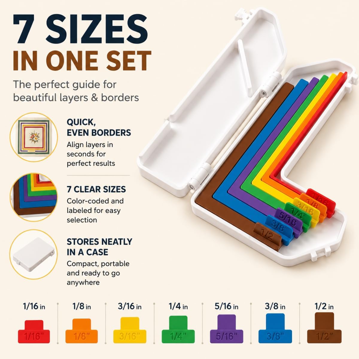 Paper Crafting Alignment Guide Set with Storage Case,7-Color Coded Layering and Matting Spacers for Card Making and Scrapbooking, 1/16 to 1/2 Inch Precision Alignment Tools