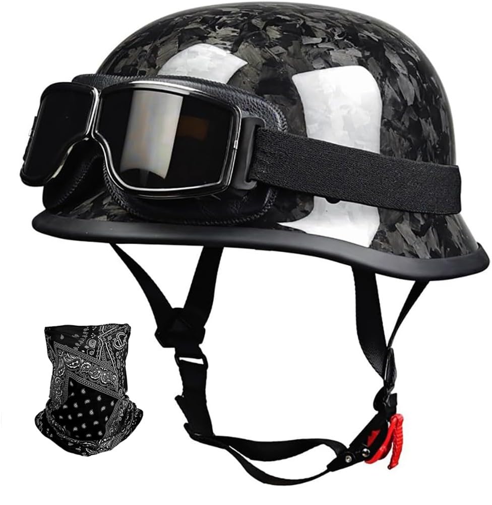 Casque demi-coque en fibre carbone style allemand pour moto rétro