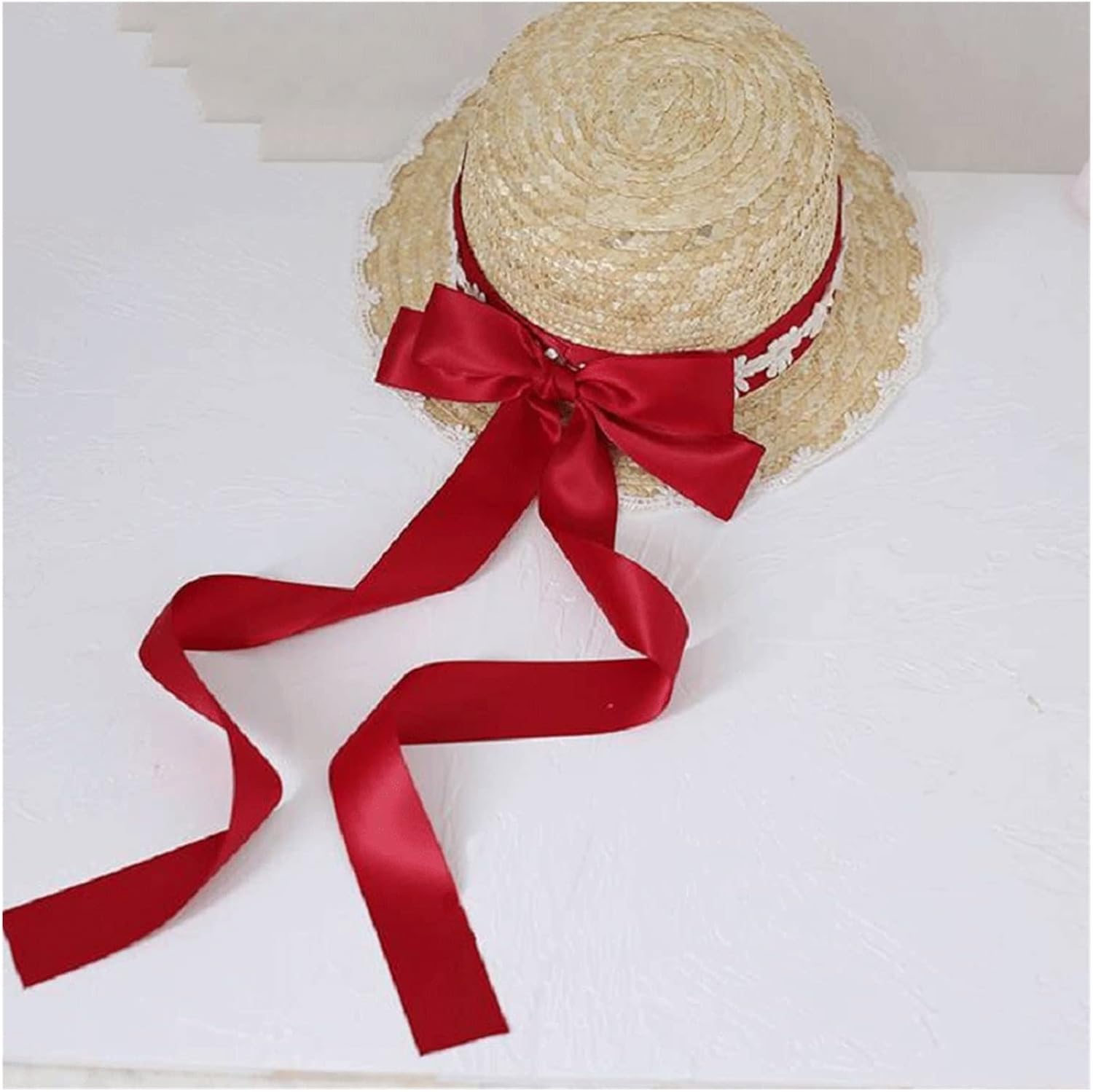 QDLZLG Big Bow Hat Handmade Bow Lace Ribbon Hat Handmade Bow Lace Streamer Hat Big Bow Hat (Color : E, Size : 56-58cm) : Clothing, Shoes & Jewelry