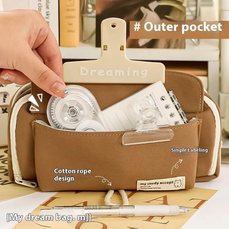 Image of OSDUE Kawaii Cute Aesthetic Pencil Case 3 Layer 6 Compartment Large Capacity for Students | Pencil Pouch with Zipper | Cartoon Stationery Organizer Bag for Kids, Pencil Case for Girls & Boys (Brown)