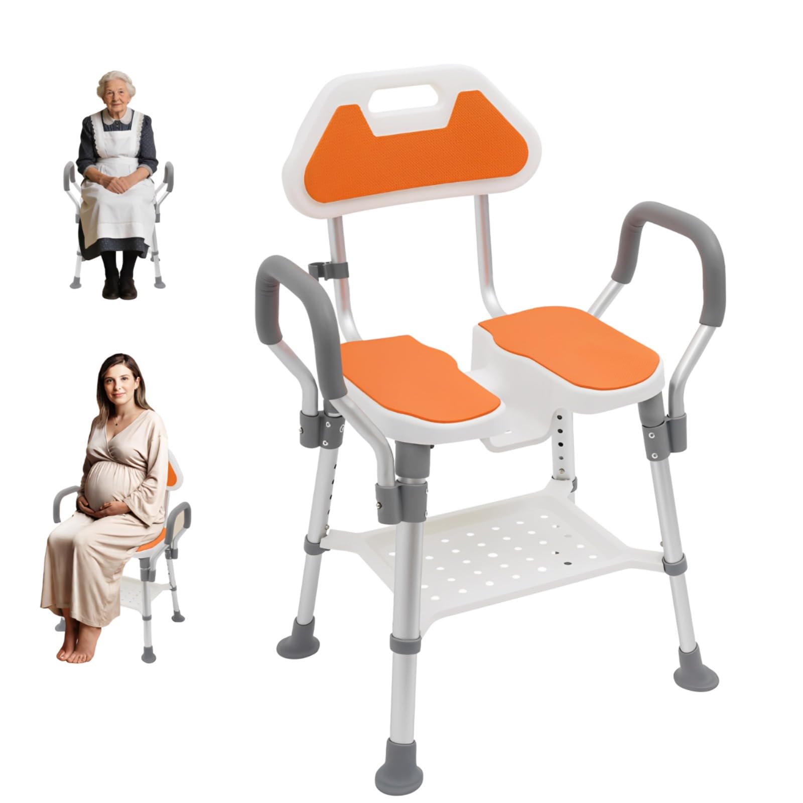 Regulowany taboret prysznicowy, krzesło prysznicowe z podłokietnikami i oparciem, 5-stopniowa regulacja wysokości (38,4–48,3 cm), nośność 150 kg, antypoślizgowe poduszki siedziska, idealne do