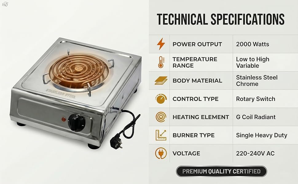 Image of Johnpower Electric Hot Plate 2000 Watt Stainless Steel | Single Burner Portable Stove | Heavy Duty Coil Hot Plate | Adjustable Temperature Control | Chrome Finish Table Top Electric Stove