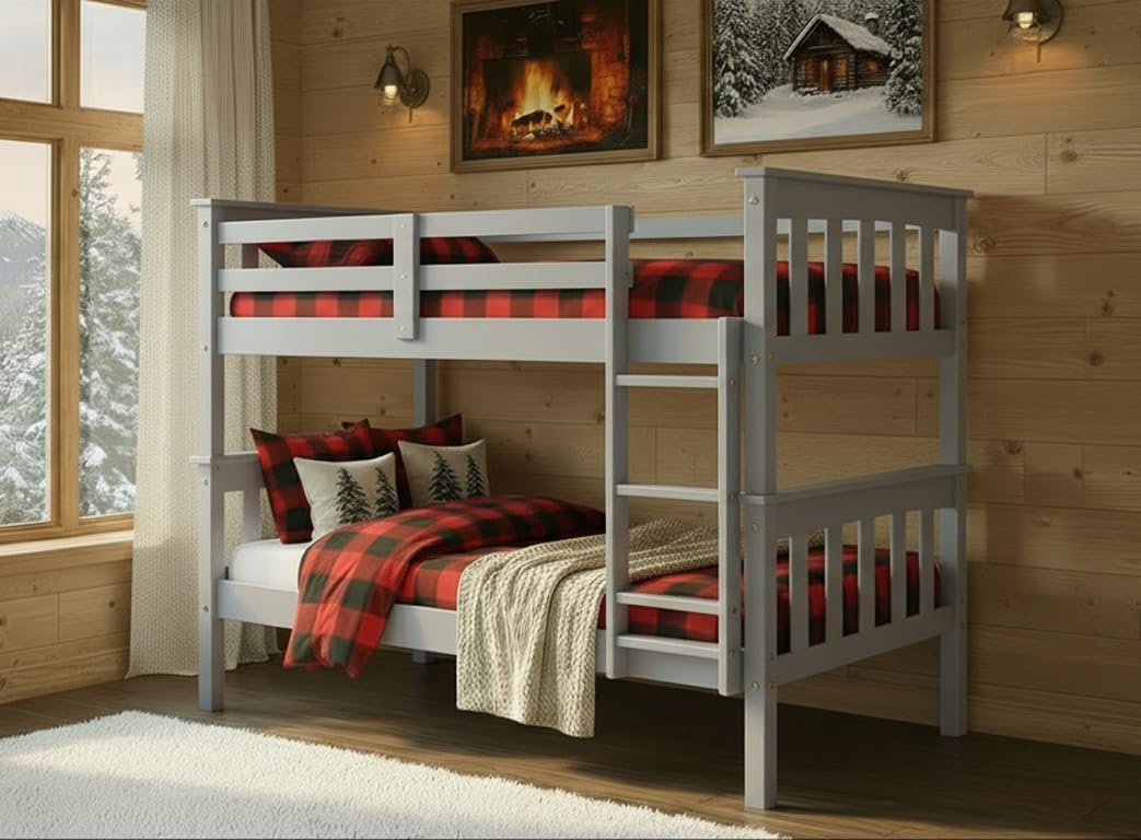From the Tree Furniture Twin Over Twin Solid Wood Bunk Bed – Sturdy Frame with Ladder, Guardrails & Headboards, Easy Assembly – Grey Finish