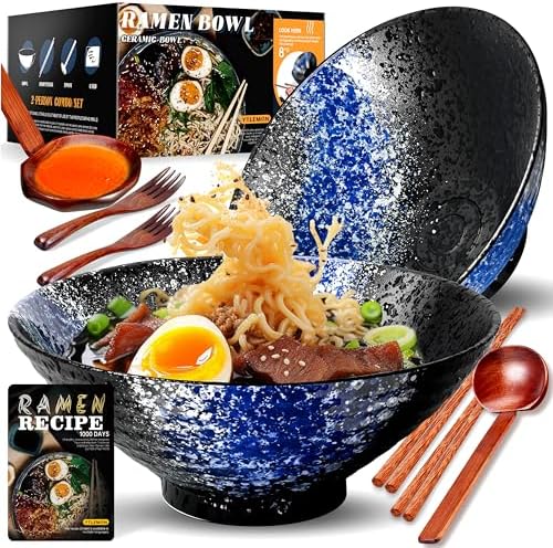 8-Inch Large Ceramic Ramen Bowl Set of 2 (9 Piece) - Microwave & Dishwasher Safe Porcelain Japanese Salad Noodles Cereal Fruit Pasta Soup Bowls with Recipes Chopsticks Forks Spoons for Men Women Gift