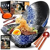 8 Pulgadas Grandes Juego De 2 Tazones De Cerámica Para Ramen De(9 Piezas) - Para Lavavajillas Tazones De Porcelana Para Ensaladas Fideos Cereales Con Recetas Palillos Tenedores Y Cucharas Para Apto