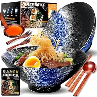 8-Inch Large Ceramic Ramen Bowl Set of 2 (9 Piece) - Microwave & Dishwasher Safe Porcelain Japanese Salad Noodles Cereal Fruit Pasta Soup Bowls with Recipes Chopsticks Forks Spoons for Men Women Gift