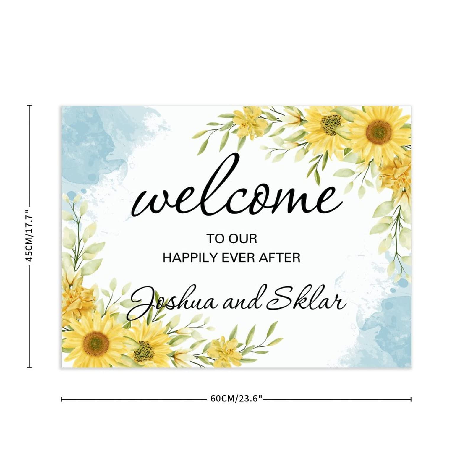 Niestandardowy ślubny znak powitalny Welcome to Our Happily Ever After drewniany znak ślubny spersonalizowany słoneczniki kwiatowa dekoracja drewniany znak przyjęcie weselne plakat na ceremonię