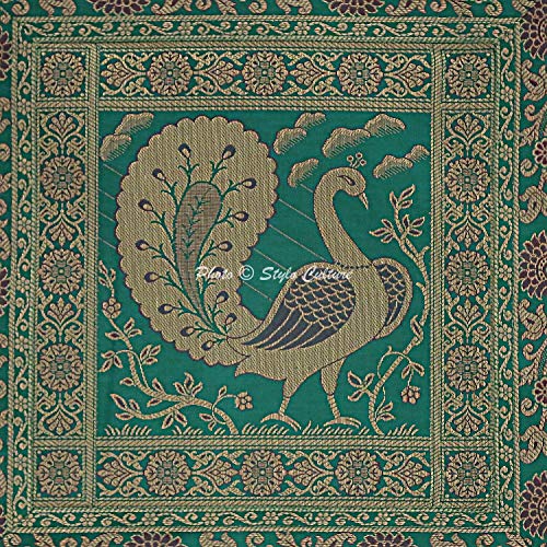 Image of Decorative Brocade Cushion Covers 16x16 Inch Banarasi Jacquard Weave Emerald Green & Gold Home Decor Peacock Traditional Square 40x40 cm Zippered Sofa Settee Pillowcases -Set of 2 Pcs