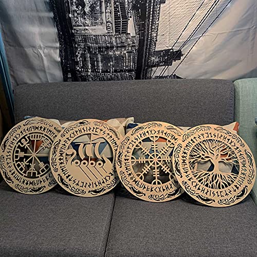 Image of Tucocoo 4 Pieces Viking Wooden Wall Decor Tree of Life Wall Art Nordic Viking Runes Amulet Wall Decor Wooden Viking Warship Home Decor Can Be Graffiti, Ready to Hang Living Room Decor-12''x12''x0.2''
