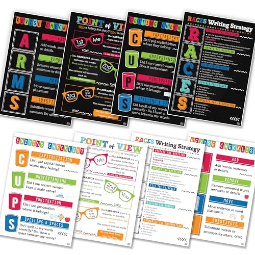 8 Option Colorful Writing Strategy Posters, 4 Pieces Writing English Poster (11"x17") English Classroom Décor for Middle High School Must Haves Writers Writing Guide English Teacher Posters Sets